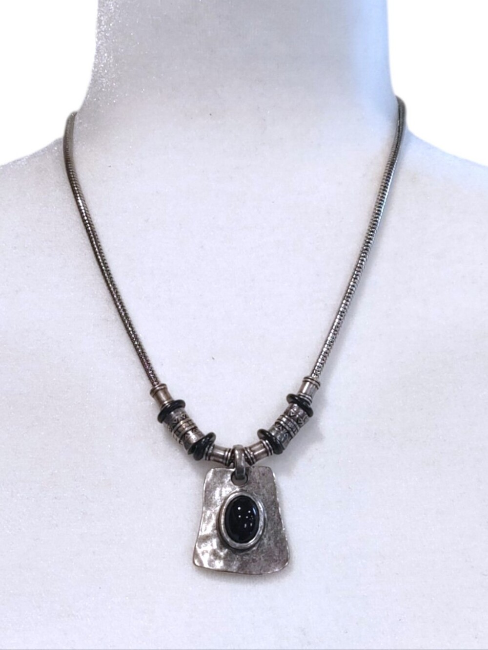 Chico's Silver Black Boho Beaded Pendant Statement Necklace Fashion Jewelry